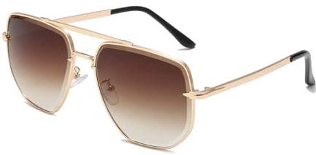 Long Keeper Retro Pilot Sonnenbrille Herren Herren Groß Metallrahmen Sonnenbrille Pilotenbrille Doppelsteg 70er Pilot Retro Brille Unisex, 60 MM (Gold Rahmen – Farbverlauf Braun Gläser)