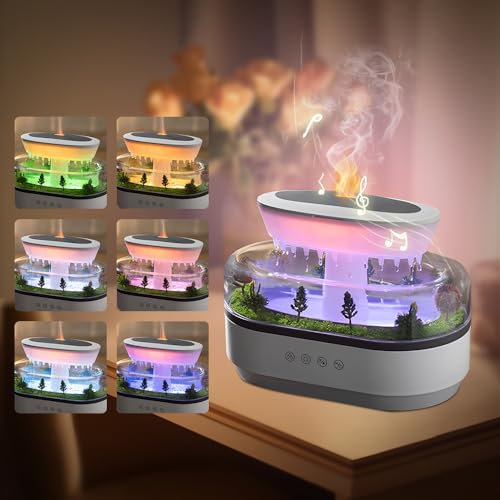 Rppiup Diffusore di Oli Essenziali, 4 in 1 Umidificatore Ambiente con 7 Colori Luce e Musica, Diffusore Oli Essenziali 250ml con Paesaggio Gocce Pioggia, Umidificatore Ambiente Oli Essenziali