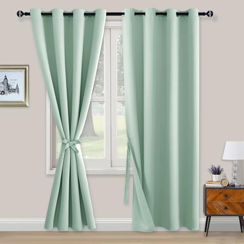 XWZO Blackout Curtains Shades Window Curtain Panels with Tiebacks- Noise Reduction and Thermal Insulated Eyelet Curtains for Bedroom,Living Room,Office,Study Room Bean Green W52xL84