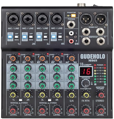 GUDEHOLO 6-Channel Professional DJ Audio Mixer, DJ Controller Sound Mixer DSP 16 Preset Effects, Ideal for Home Party