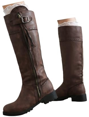 Xbemkste Stivali da equitazione da donna a gambo lungo con chiusura lampo e fibbia, punta tonda, frange, al ginocchio, elegante, autunno, inverno, vintage, da donna, marrone, 38.5 EU