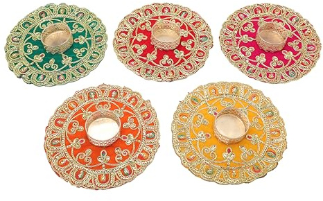 Set of 5 Mat Aasan Rangoli with Tea Light Candle Holder T-Light Stand for Home Made up of Velvet cloth Golden Embroideries for Festival Decoration new year (Size:-5)(Red/Pink/Orange/Green/Yellow)