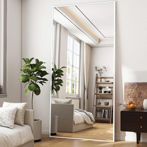 BEAUTYPEAK Espejo de cuerpo entero de 165 x 60 cm, espejo de pie colgante o inclinado en la pared, espejo de suelo grande con soporte para dormitorio, salón o vestidor, color blanco