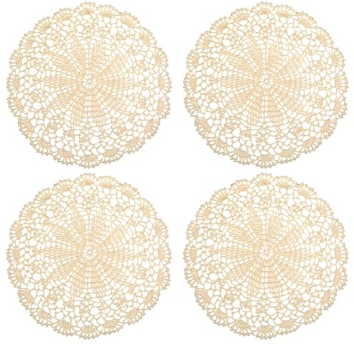 Lot de 4 sets de table ronds au crochet - 24 cm - Fabriqués à la main - Antidérapants - En coton tissé - Pour cuisine, salle à manger, café, fête, mariage - Beige
