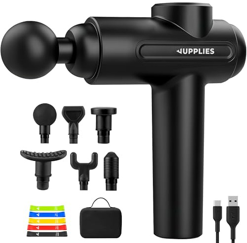 JUPPLIES Pistola de Masaje Muscular 30 Velocidades - 6 Cabezales, Silenciosa, 5H Autonomía, Pantalla Táctil LCD, Estuche y Carga USB-C | Masajeador Cervical y Espalda Profesional (Pistola + 5 Bandas)