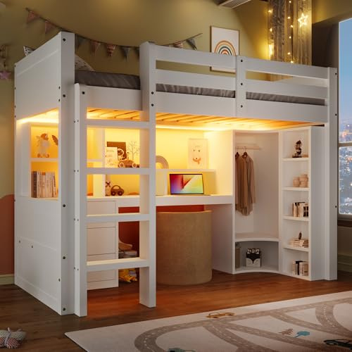 TOBIDOEN Cama alta 90 x 200 cm con modo de representación ambiental, armario integrado y escritorio, 3 cajones y compartimentos de almacenamiento adicionales, barandilla de seguridad, para niños y