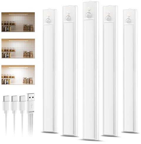 daphomeu 5 Pack 30CM Luces led Cocina Recargables, Luz Armario Sensor Movimiento Atenuable tipo C carga, Blanco frío Luz Sensor Movimiento Interior, Lampara Led para estantería, armario de escaleras