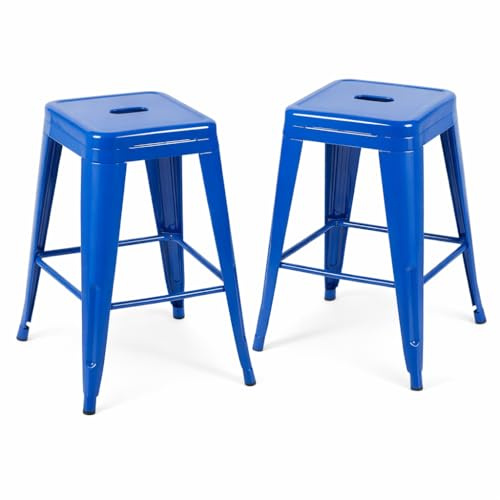 SOLEGGIAHOMIA Victoria Blue Metal Bar Stools Set of 2, 24 Elegant Navy Blue Counter Stools, Sophisticated One-Piece Steel Barstools, Modern Kitchen Island Chairs for Gentlemen’s Lounge