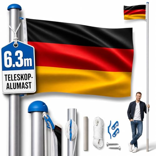 Suusolny 6,5 m Aluminium-Fahnenmast mit Deutschlandfahne 1,5 × 0,8 m, höhenverstellbar in 5 Stufen komplett mit Bodenhülse, Seilzug, Zugseil und Befestigungshaken robuste Fahnenstange für Außenbereich