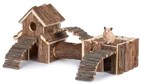 LIVIVO Wooden Hamster House Hideout with Tunnel & Ladder – Natural Small Pet Playground & Burrow – Hamster Hideout for Syrian & Dwarf Hamsters, Gerbils, Mice, Rats