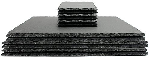 Natural Slate Placemats & Coasters - 12 pcs | Square Drink Coasters & Rectangle Food Place Mats | Fine Cut Tablemats | Contemporary Tableware | M&W