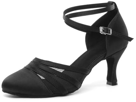 YKXLM Chaussures de Danse Standard Latine Petit Talon pour Femmes Chaussures de Danse Tango Valse Sociale Salsa en Mesh Satinee,7.5CM,Noir,37 EU