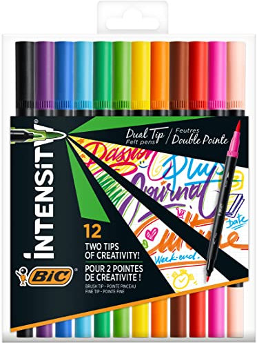 BIC Intensity 2 in 1 Dual Tip Fineliner Pens, Fine Tip (0.7mm) and Flexible Brush (3.7mm), Assorted Colors, 12-Count Pack
