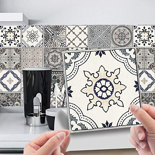 Hiser 24pcs Kitchen Bathroom Wall Tile Stickers, DIY Square Decals Creative Light Luxury Retro Moroccan Style Sticker for Living Room Bathroom Home Decor Self-Adhesive (gray,20x20cm)