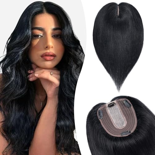 Silk-co Toupet Capelli Donna Veri 10 * 12cm Remy Human Hair Topper Extension Capelli Umani Clip 30cm-40g #1 Nero Scuro
