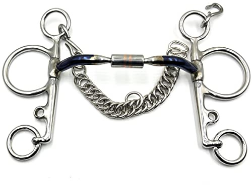 Copper Roller Ported Pelham Blue Sweet Iron Horse Bit Snaffle with Hook and Chain (5.5)