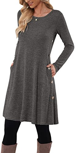 MOLERANI Robe Pull pour Femme à Manches Longues Robe Tunique boutonnée décontractée avec Poches Gris foncé S