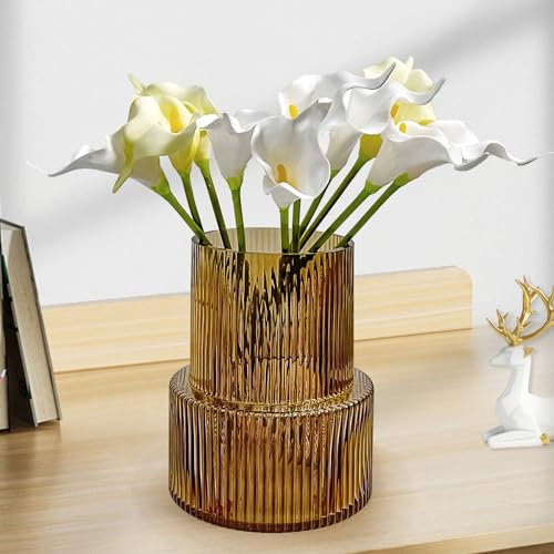 Aoderun Glasvase Vase für Blumen Gerippte Vase Moderne große Blumenvase für Wohnzimmer Esstisch Küche Büro Home Regal Hochzeit Party Dekor (Bernstein)
