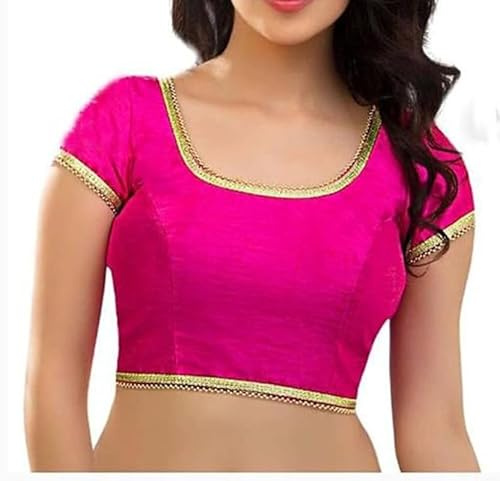 The India's Store Indian Women's Dupion Stitched Short Sleeve Blouse Readymade Ethnic Tunic Choli Round Neck, Back Open with Lace