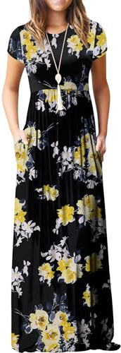 GRECERELLE Womens Maxi Dress Summer Casual Ladies Short Sleeve Crew Neck Long Dresses with Pocket for Daily, Holiday, Travel, Maternity (Yellow Rose Black, L)