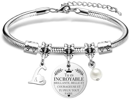 HEYEJET Bracelet Femme Lettre Initiale Personnalisé en Argent A-Z Lettre Bracelet avec Mots d'Inspiration Cadeau pour Femmes et Filles Cadeau Special pour vous Meme, pour vos Amis (L)