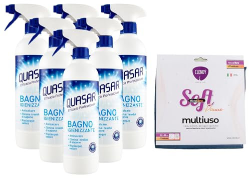 SET PULIZIA: 6x Quasar Detergente BAGNO Igienizzante Spray, Anticalcare, Elimina i Residui Di Sapone, Risciacquo Veloce 580ml + Panno In Microfibra SOFT, Panno Multiuso (Colori Assortiti)