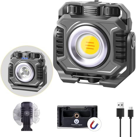 ErayLife Foco LED Recargable, 2100LM Foco LED de Doble Cara 5000mAh Bateria, 6 Modos de Luz de Trabajo Dimmable Portátil con Base Magnética y 360° Giratorio para Garaje, Taller, Camping