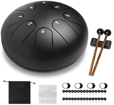 Orifesio Regntrumma för trädgård, 6 tum 8 noter stål tungtrumma C-major, mini handpan trumma med musikbok och trumpinnar, slagverk instrument för musikutbildning meditation yoga, svart