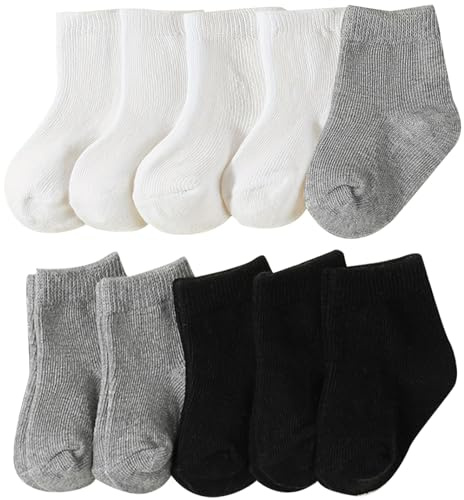 QIYIENDIAN 10 paia di calzini per neonati Calzini in cotone morbido elastici per neonati in tinta unita per bambini unisex(BlackWhiteGrey,6-12M)