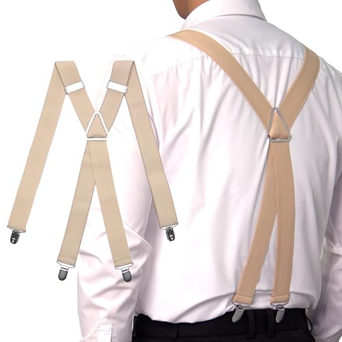 Basic Sense Men's Ribbed Wide Suspenders - 35mm Heavy Duty X-Back Elastic Braces with Secure Clips for Suits & Casual Wear, Beige