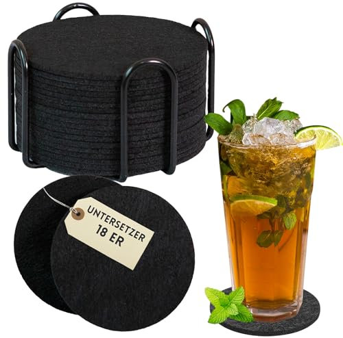 Emmy Home Untersetzer Gläser 18er Set Schwarz mit Metallhalter – Runde Tassenuntersetzer 3 mm Glasuntersetzer Filz Bierdeckel Tischuntersetzer für Bar Küche Büro Modernes Zubehör & Geschenkidee