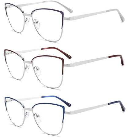 MODFANS 3 Paire de Lunettes de Lecture 1.5 Femme Anti Lumiere Bleue - Monture en Metal Acier Inoxydable Lunettes Loupe Violet-Rouge-Bleu