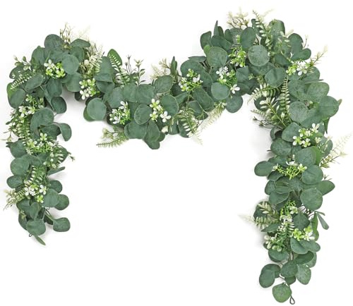 UXORSN 2 stycken konstgjord eukalyptusgirlang med Boston-ormblad, 190 cm, gröna blad, vita blommor, kransar, konstgjord hängande växt, eukalyptusranka för bröllopsbåge, fest, hem, bordsdekoration