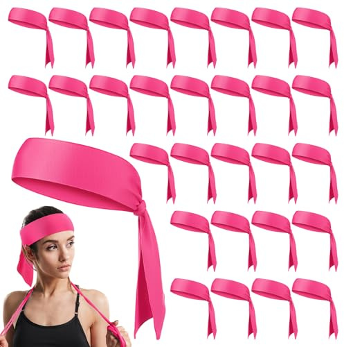 Hiboom 30 Pack Tie Headband Bulk Sports Tennis Head Tie Ninja Karate Tie Back Athletic Sweatbands Adjustable Hair Bands for Women Men Basketball, Football, Soccer, Running, Yoga Workout(Rose Red)