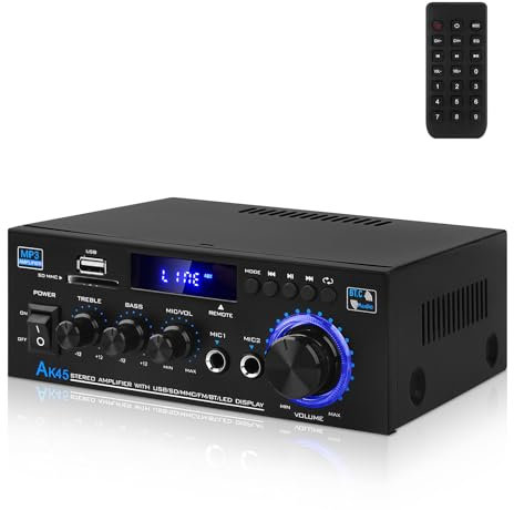 yusvwkj Bluetooth Amplifier, AK-45 2 Channel HiFi Amplifier Bluetooth 5.0 Mini Power Amplifier USB/SD Card/FM/2Mic Input Audio AMP with Remote Control for Radio Karaoke Home Theater System