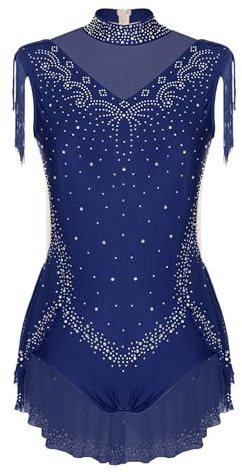 Yruioon Mädchen Turnanzug Glitzer Gymnastikanzug Ärmellos Fransen Kleid Eiskunstlauf Body Overall Gymnastik Leotard Wettbewerb Tanzkostüm Marine Blau 134-140