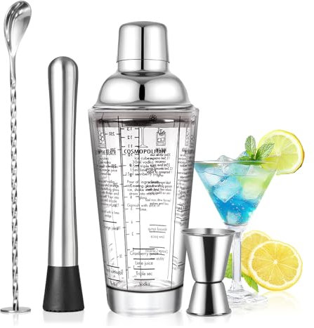 SAVORLIVING Set di Shaker per Cocktail in Vetro da 14 oz, Kit da Barman 4 Pezzi, Shaker Martini con Strainer, Cucchiaio, Jigger e Pestello, Set di Strumenti da Bar per Principianti (Argento)