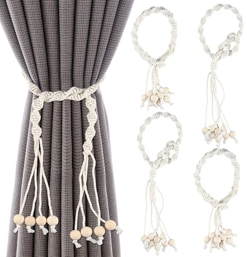 QINGZY 4 Pezzi Fermatende per Tenda, 100cm Fermatenda in Cotone Tende, Intrecciati Cinghia Corda Cravatta della Tenda, Beige Ferma Tende con Nappa Perle per la Casa, L'Ufficio