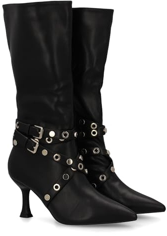 shoes&blues.es Botte haute pour femme avec talon fin, double boucle et détail de clous et œillets métalliques. Fermeture à glissière, pointe fine et imprimé lisse, idéale pour l'hiver automne., Noir