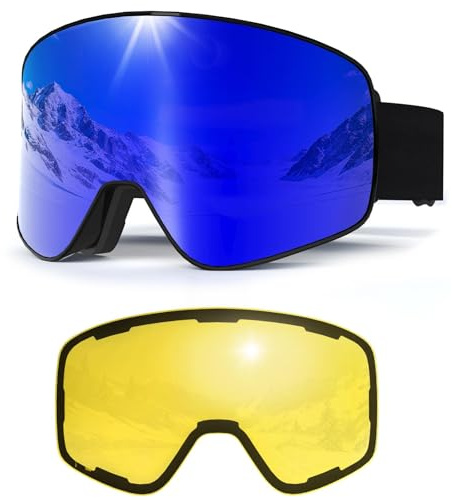 MXJ Gear Occhiali Da Sci,Anti Nebbia Anti-UV Maschera Sci,OTG Maschera da Sci,Protezione UV400 YH212 Occhiali da Sci Magnetica per Adulto Uomini (Montatura nera-Lenti blu VLT19%+Lenti gialle VLT78%)