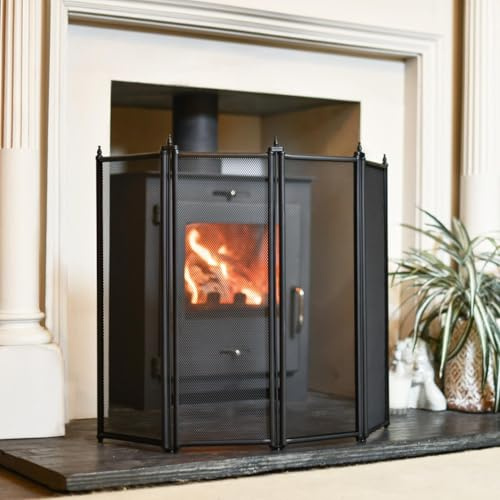Tempus Tall Black Four Fold Fireguard Fire Screen – Classic Style Mesh Guard for Log Burners & Open Fires – Spark & Debris Protection