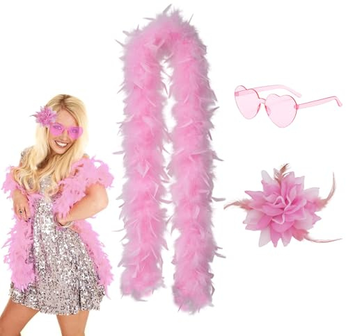 3-Piece Feather Boa, Pink Feather Boa, Pink Boa, Pink Feathers with Glasses and Flower Headband, Set for Costume Party