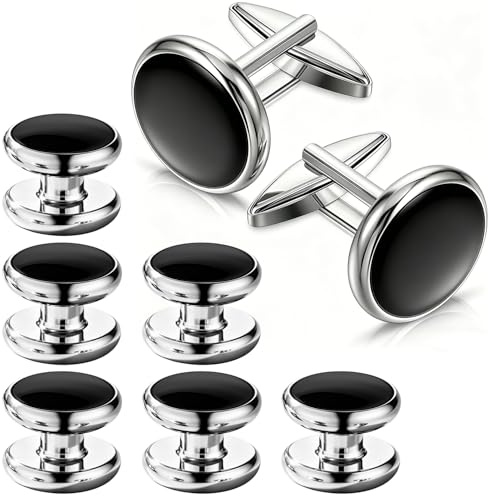 GAZIL Manschettknappar och studs-set för män, 8 delar, klassiska manschettknappar i rostfritt stål, för affärsmöten, bröllop och ceremoni, elegant herrsmycken, present