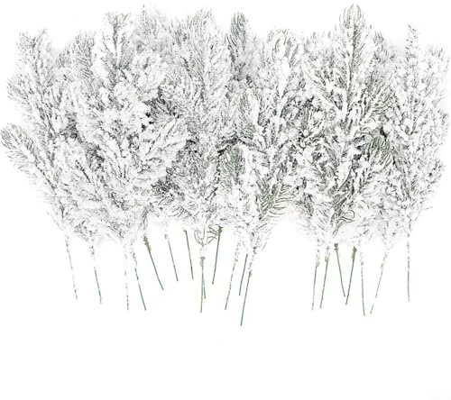 Entgoinggo Ramas de agujas de pino artificial, 15/30 piezas de ramas de pino artificiales de Navidad nevadas verdes con puntas blancas de escarcha para decoración (2)