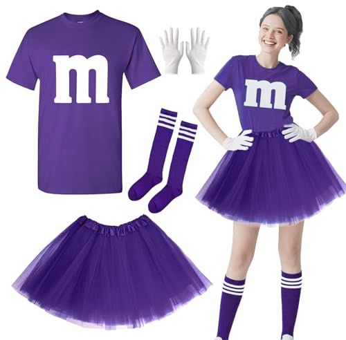 Costume de carnaval pour femme, T-shirt imprimé M avec gants tutu et chaussettes rayées, M Costume de carnaval de groupe imprimé, pour les Carnavals,Carnavals et Soirées à Thème,Halloween (Violet, XL)