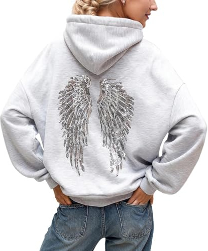 Générique Pull Ange Sweat a Capuche Femme avec Ailes d'ange en Strass et Poches Décontracté Sweatshirt Casual Manche Longue Hoodies Automne et Hiver Chaud Streetwear Sport Vêtements