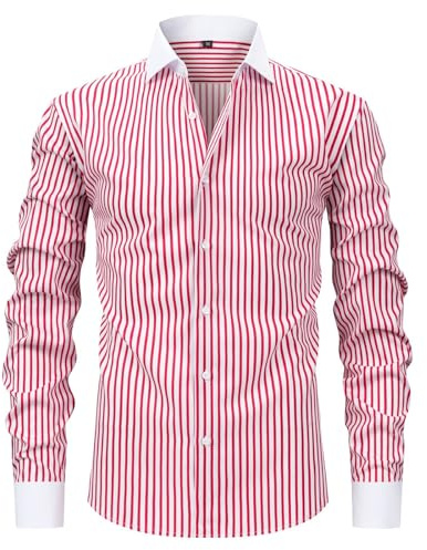 IRIRI Chemise habillée rayée Bleu Clair et Blanc for Hommes, Chemise boutonnée à Manches Longues avec col et Poignets contrastés, Chemise d’Affaires Formelle Slim Fit