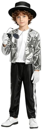 Genérico Disfraz Rey del Pop para Niño,Conjunto De Baile con Chaqueta De Lentejuelas Negra Sombrero Y Guantes Estilo AñOs 80/90 Conjunto De Ropa De Escenario con Lentejuelas para NiñOs Y NiñAs