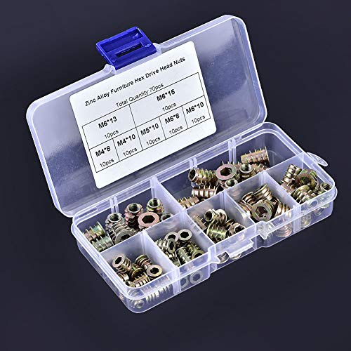 70 st¨¹cke M4 / M5 / M6 Gewindeeinsatz Zink-legierung M?bel Sechskantantrieb Kopf Einsatzmuttern Set Mutter Holz Insert Muttern Sortiment