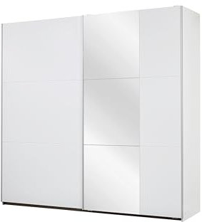 Rauch Möbel Santiago Schrank Schwebetürenschrank mit Spiegel, Alpinweiß, 2-türig, inkl. Zubehörpaket Classic, 4 Einlegeböden, 2 Kleiderstangen, 1 Hakenleiste, BxHxT 218x210x59 cm